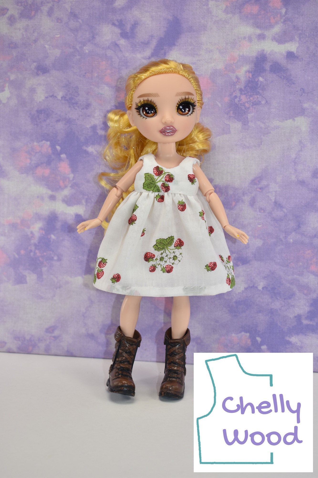 White Pinafore with Strawberry Print (Rainbow High Free Doll Clothes